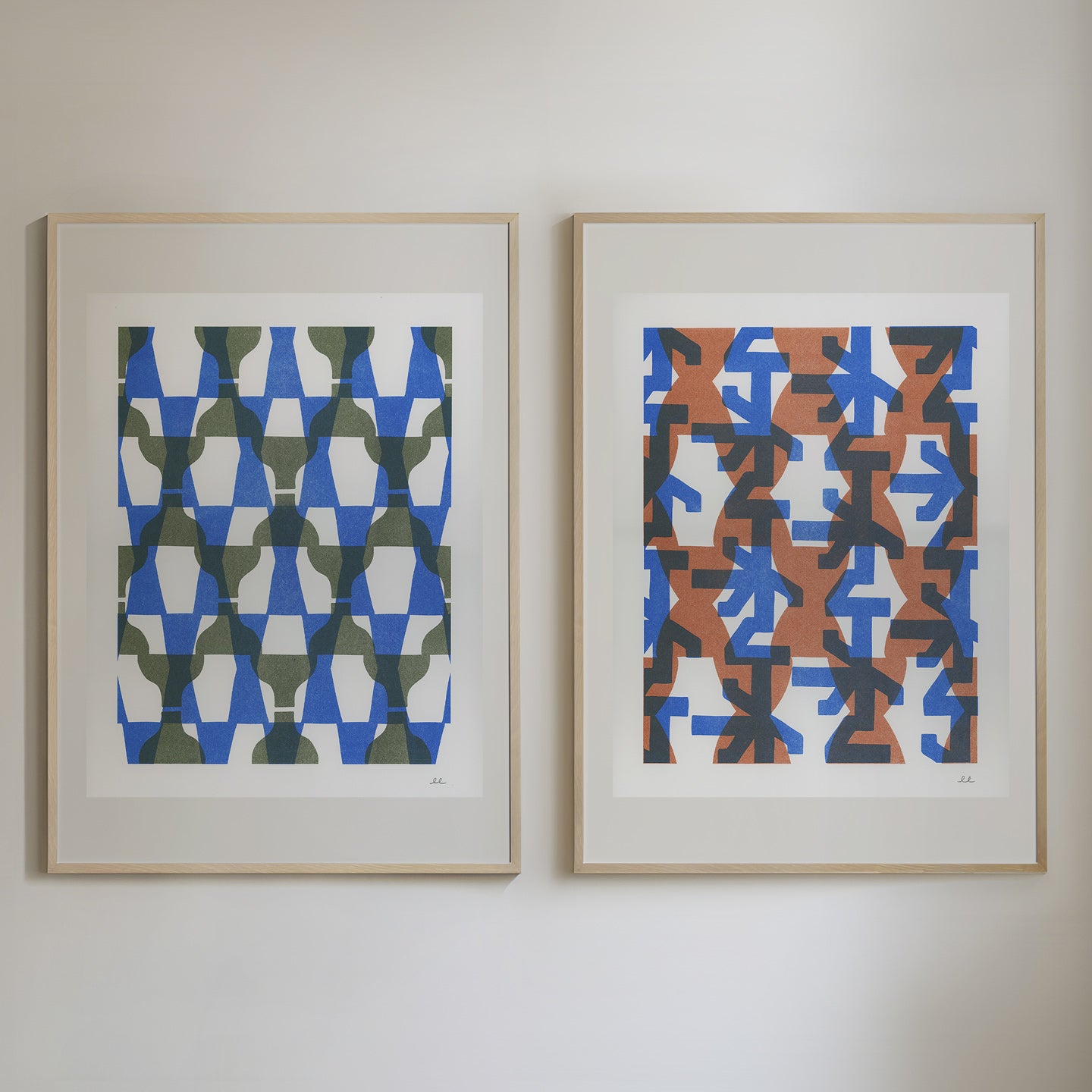 Birdbath and Field – Set of 2 Risograph Art Prints